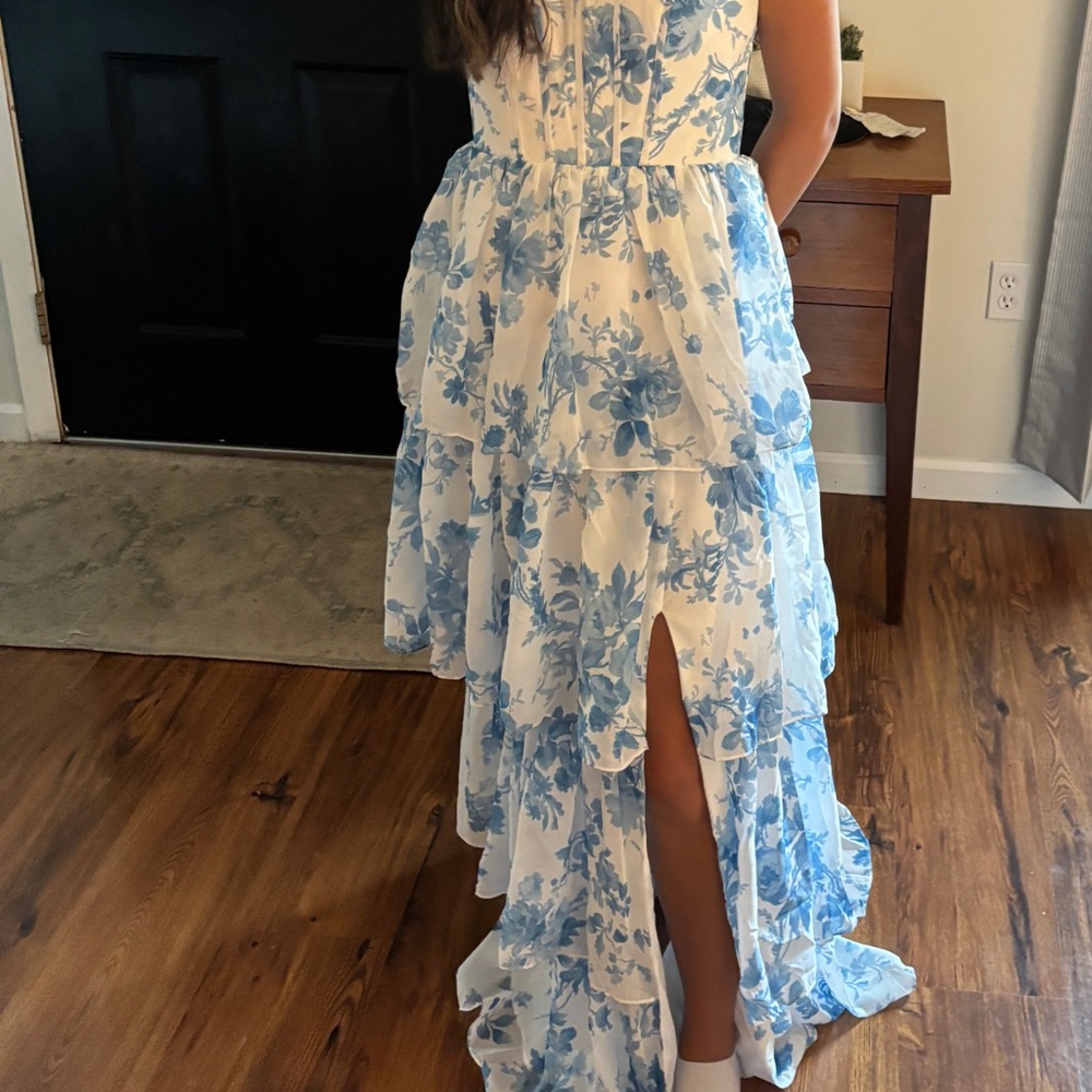 White and Blue Floral Tiered Dress
